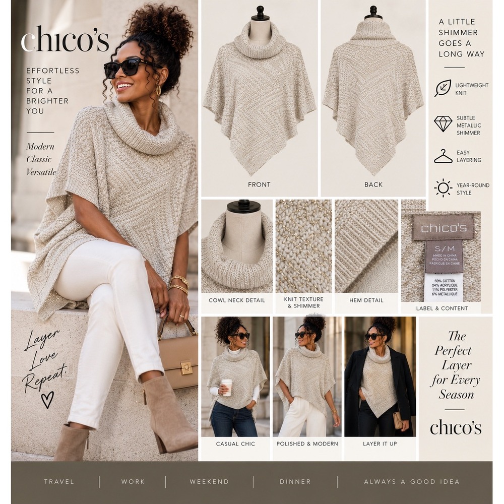 Chicos Metallic Knit Poncho Sweater Cowl Neck Gold Shimmer Cotton Cape S/M